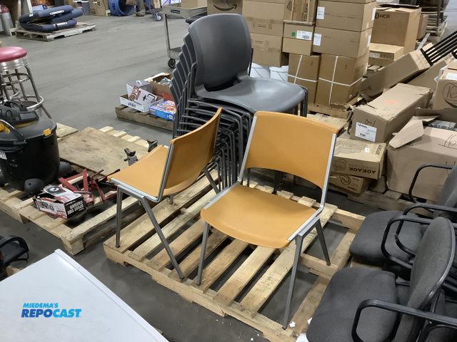 Lot 2-73331 - (8) grey stackable plastic chair with Metal frames ( 22”x21.5”x30.5”H), and (2) yellow plastic stack...