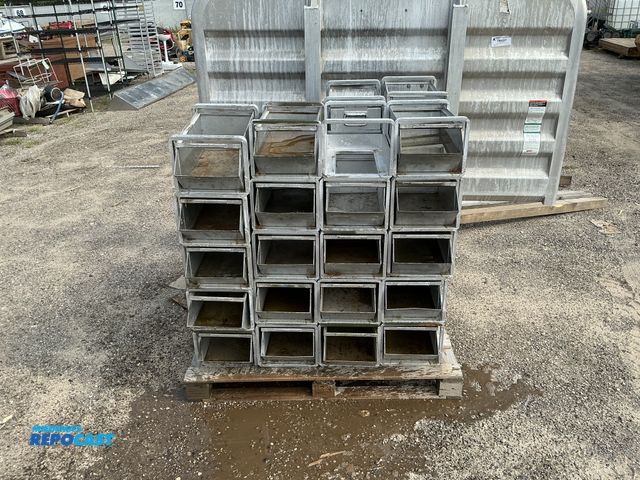 Lot 2-18159 - 52 Industrial Metal Stackable Storage Crates. 1970's Meadow Gold. 21" x 12" x 9".