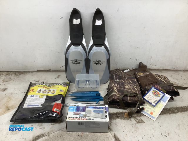 Lot 2-94626 - Lot of items including a radio, flotation vest, ground steaks and more.