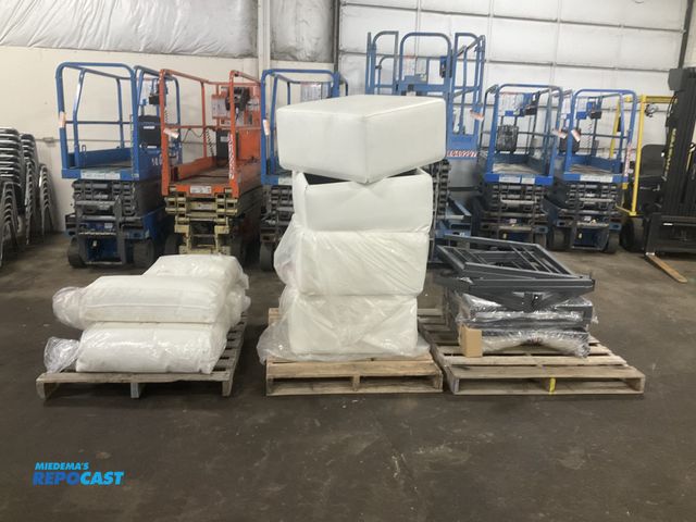 Lot 2-33221 - (3) skids of parts/pieces for white vinyl sectional couches