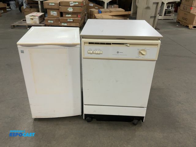 Lot 2-69407 - GE nautilus dishwasher on wheels approximately 3’ x 25” x 26 1/2”, GE mini fridge 115v approximately...
