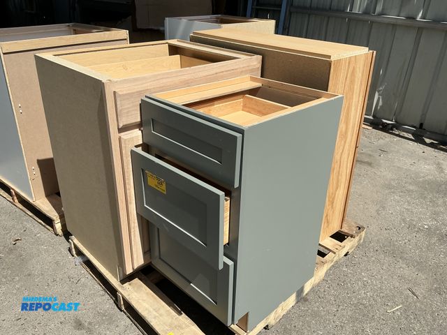 Lot 2-76736 - Lot of (3) wooden kitchen cabinets 1 painted gray 1 stained a light brown and one with no color or s...