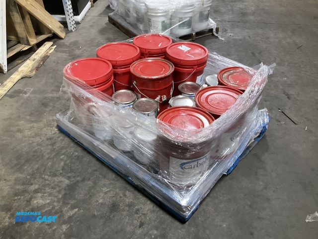 Lot 2-93907 - Skid of Cans and Buckets of Carboline Sealer and Carboguard and Thinner, Unopened, but Rusty Cans