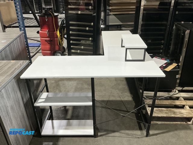 Lot 2-27780 - L shaped white desk with shelves with measurements of approximately 66” x 47” shelf on top 19” x 8” ...