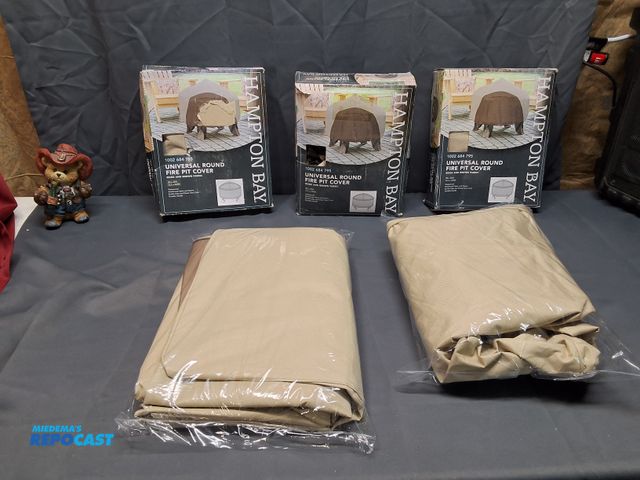 Lot 2-76256 - (3) HAMPTON BAY FIRE PIT COVERS, (1) VERANDA 32 BY 22X17 RECTANGLE PATIO TABLE COVER, (1) VERANDA PA...
