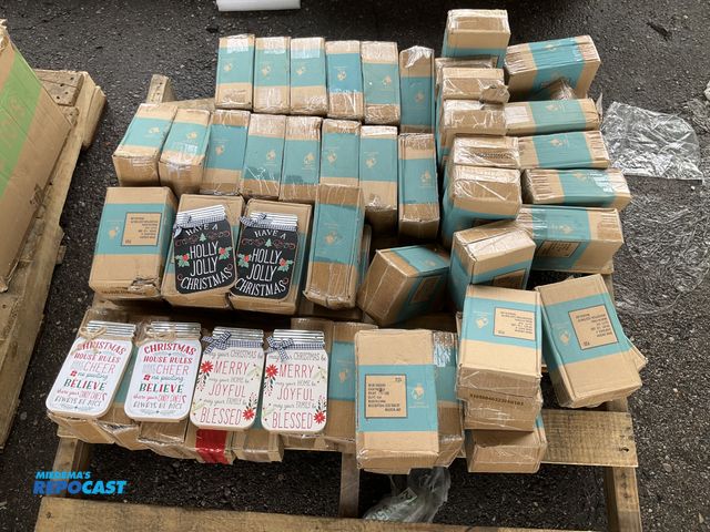 Lot 2-93617 - Skid lot of various boxes of cozy Christmas jar shaped Christmas signs with assorted colors and styl...