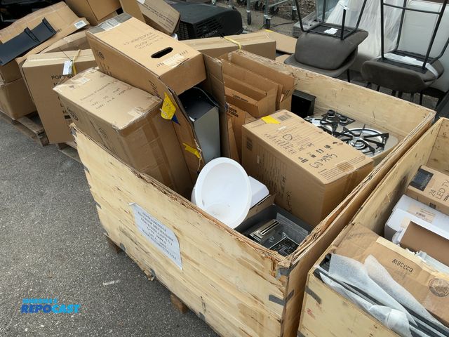 Lot 2-13311 - Crate of Assorted Fireplace Inserts, Toilet Seats, Water Heater, Range Hood, Sink, and More