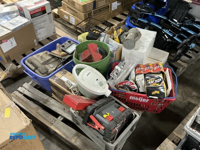 Lot 2-93538 - skid of misc parts, battery charger, phones, tester, light