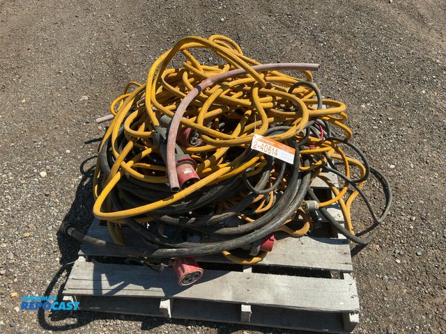 Lot 2-40614 - Skid of assorted hoses and power cords, includes heavy duty cords for 3-phase Concrete Saws, one hyd...