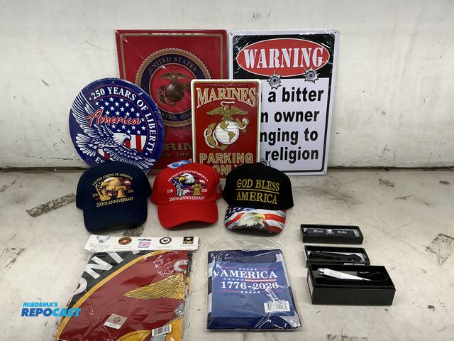 Lot 2-76886 - lot of various Signs, Flags, Ballcaps, &amp; Knives