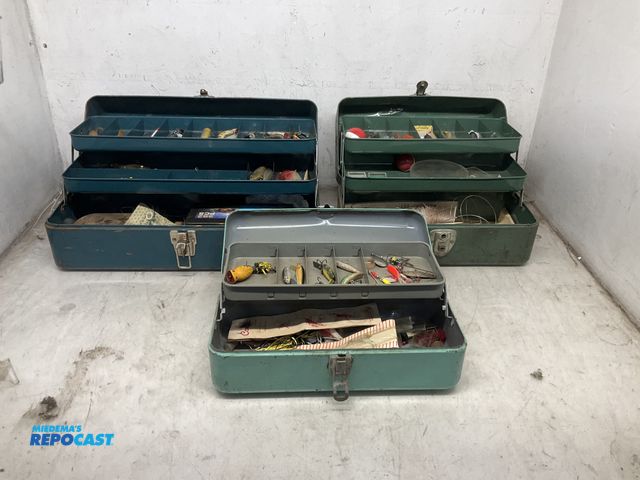 Lot 2-94811 - Lot of (3) vintage metal tackle boxes with assorted vintage lures including Heddon &amp; Arbogast