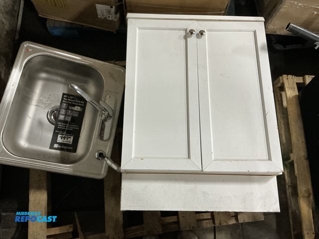 Lot 2-94523 - Lot includes: single sink base White bathroom cabinet approx. 2’ w x 19” l x 33.5” tall &amp; 25" x ...