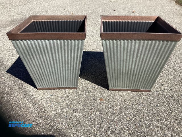 Lot 2-77752 - Two New Westlake Square Planters by Southern Patio. Rustic Galvanized. Approximately 15-1/2” across ...