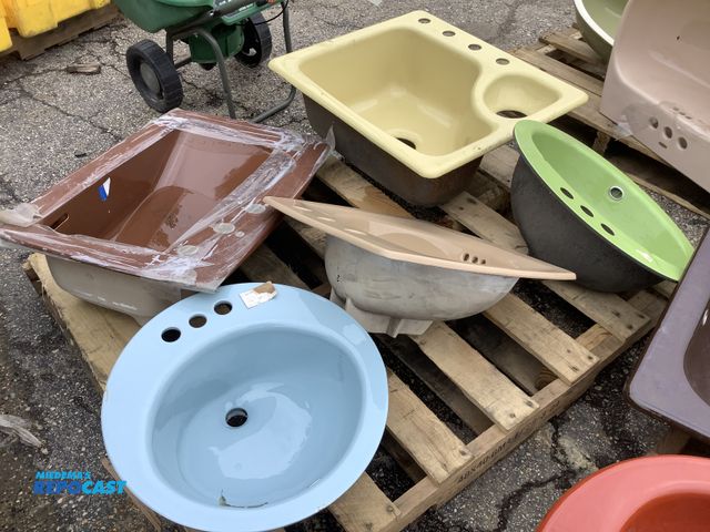 Lot 2-33767 - Skid of (5) ceramic sinks multi color including tan, brown, blue, green, yellow