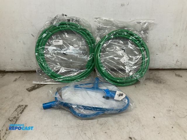Lot 2-95958 - (2) green PVC tubing, and a US Pool Supply pool leaf skimmer net and leaf rake net set (no poles)