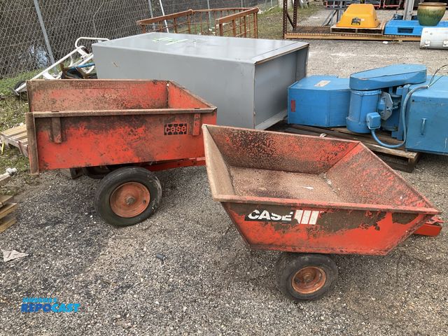 Lot 2-64034 - Lot of (2) red/orange garden towing wagon brand case with hitch and 2 wheels 30” x 37” x 35”
