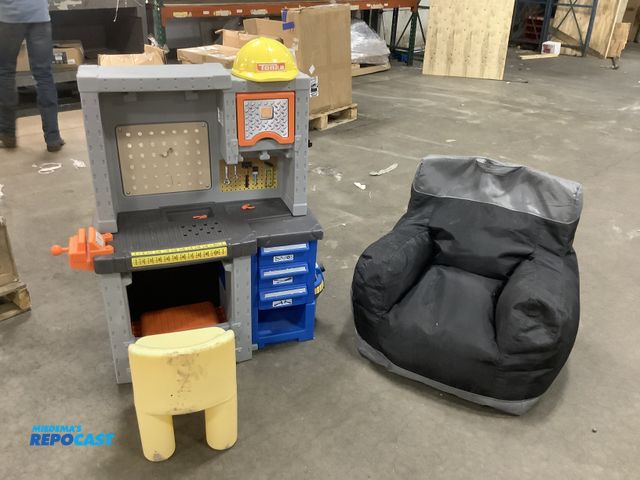 Lot 2-27617 - lot of children’s tool station play set with plastic chair and beanbag chair