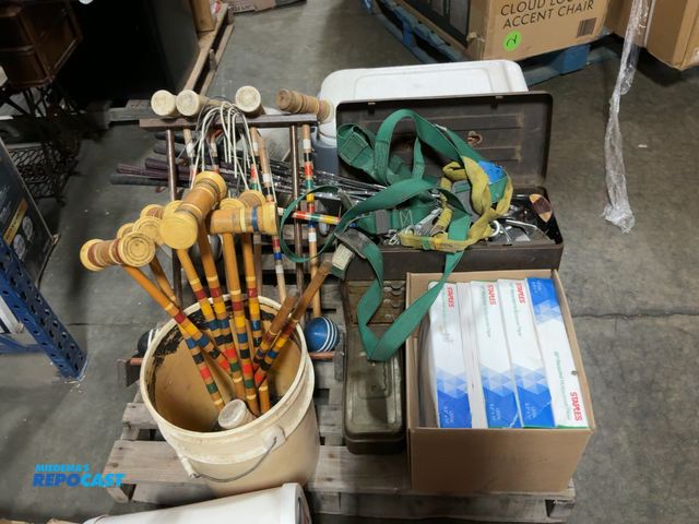 Lot 2-24952 - Skid lot of miscellaneous items including croquet game mallets and balls, paper, straps, igloo coole...