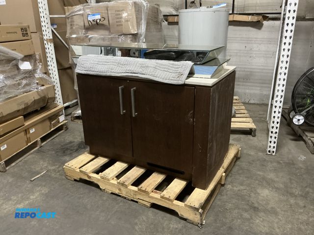 Lot 2-74586 - Writing desk/entertainment unit model#UC21-R with 2 decorative coaster mirrors approx. 48”x14” (have...