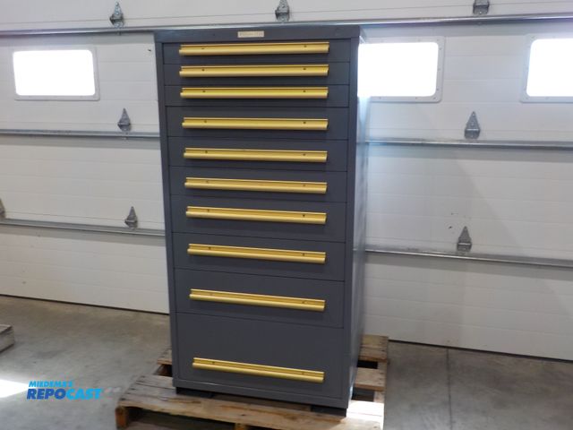 Lot 2-30294 - Industrial Equipto 10 drawer tool/storage cabinet. 30"w x 48"d x 59"h. Dings on one side.
