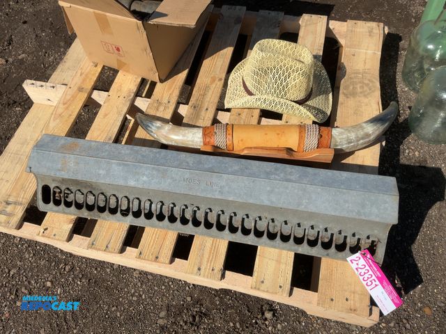 Lot 2-23351 - Lot of (1) Moes’s Line Galvanized Steel Chicken Feeder, (1) Wall Mount Steer Horns, and (1) Cowboy H...