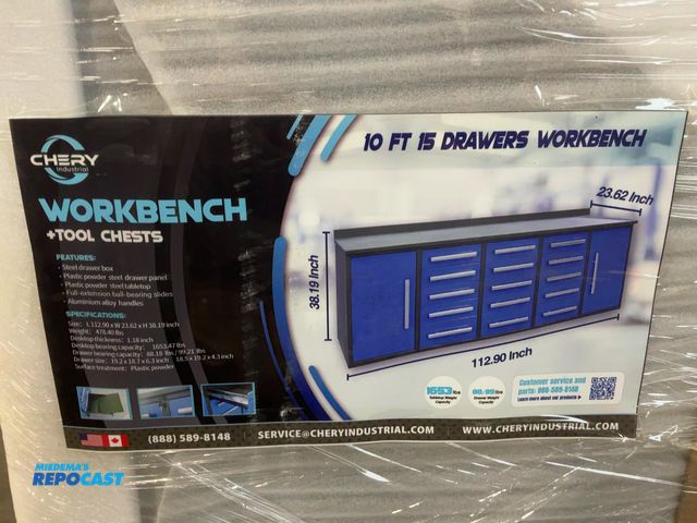 Lot 2-44247 - New Chery Industrial 9'5" 15-Drawer Steel Workbench, Blue Cabinet Doors and Drawer Fronts, Two Cabin...
