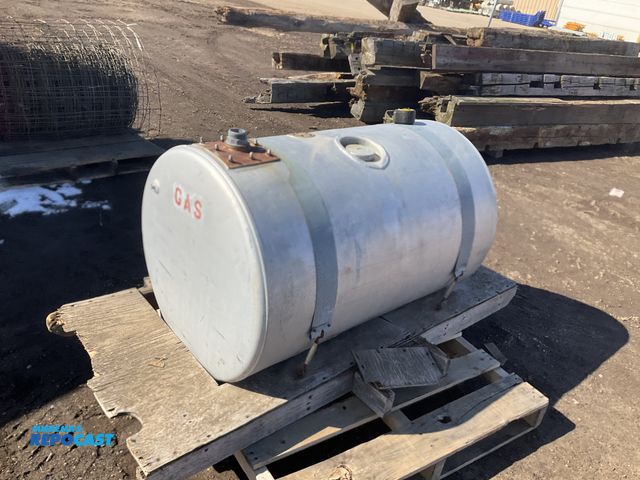 Lot 2-42447 - Aluminum fuel tank mounted to a wood base, approx 43”W x 28”D, used, previous held gasoline