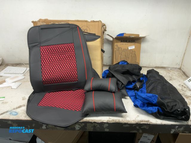 Lot 2-60249 - (2) AOKAOK car seat covers (black/blue), and (3) unknown brand seat covers (red/black)