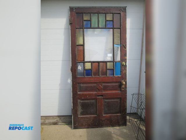 Lot 2-49149 - vintage 1800's wood front door 41" x 90" x 1 3/4", stained glass, original hinges, original brass le...