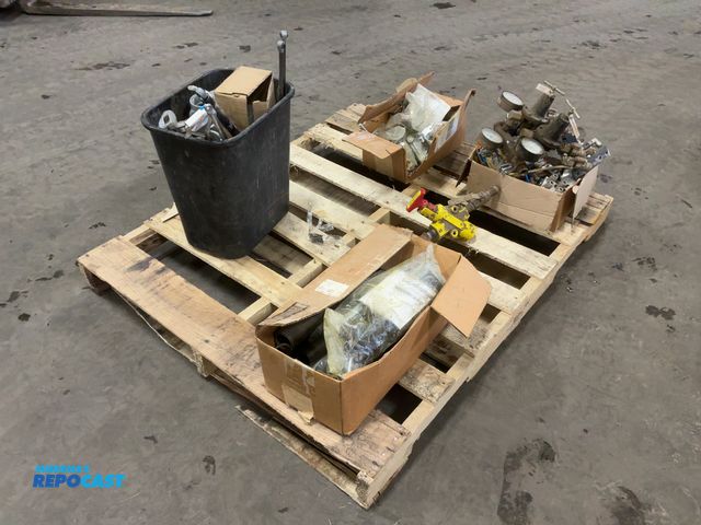 Lot 2-14648 - Skid lot of misc items including westward grease gun assorted metal coils a spiral tie out stakes, 4...