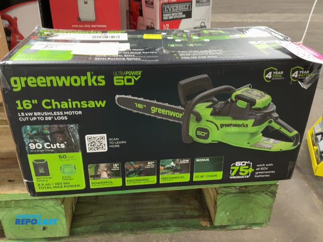 Lot 2-21965 - Greenworks 60 Volt 16" Chainsaw, comes with one battery and charger, Unused Store Return, Works