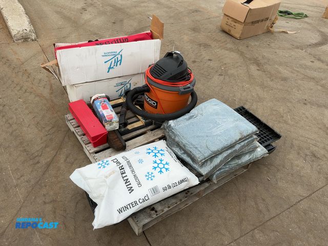 Lot 2-11504 - Lot of misc. including Ridgid Shop Vac, Warning Triangle Kit, Fire Extinguisher, Small Dolly, 50 lb ...