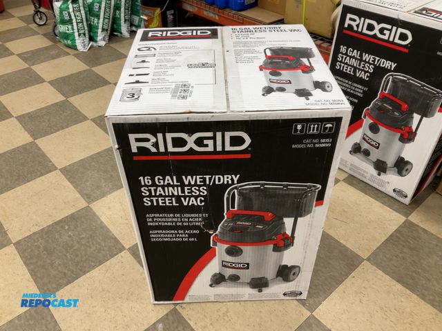 Lot 2-12345 - 1 New Rigid 16 gal wet/dry vac Model #1610RV0 Stainless steel 16 gal wet/dry vac 
1 7/8 x 8’ pro hos...