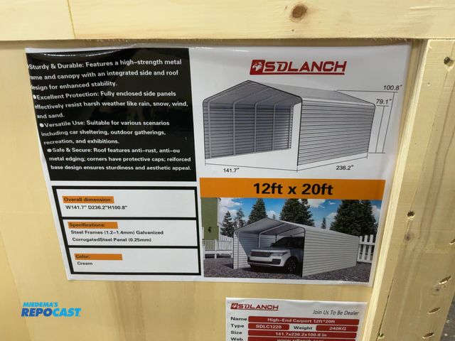 Lot 2-41180 - New SDLANCH 12’x20’ Carport with Enclosed Sidewalls, Cream Color, 141.7” wide x 236.2” deep x 100.8”...