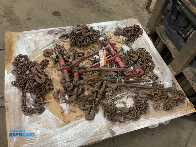 Lot 2-42835 - Lot of Chains and Binders, includes (4) Ratcheting Chain Binders (three are 3/8-1/2” hooks and one i...