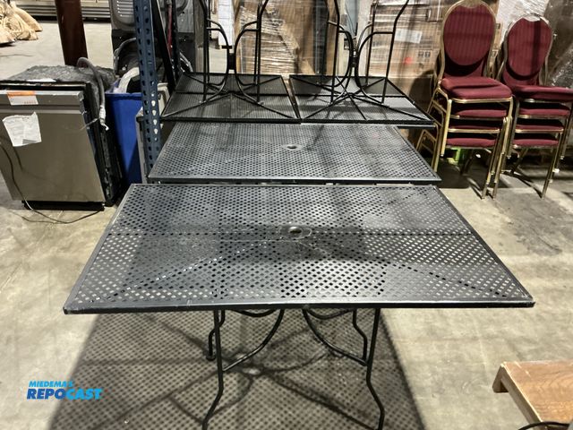 Lot 2-55160 - 66 Tables (6) Metal patio style tables with mesh tops center umbrella holes 48“ x 30“  (RSSC)