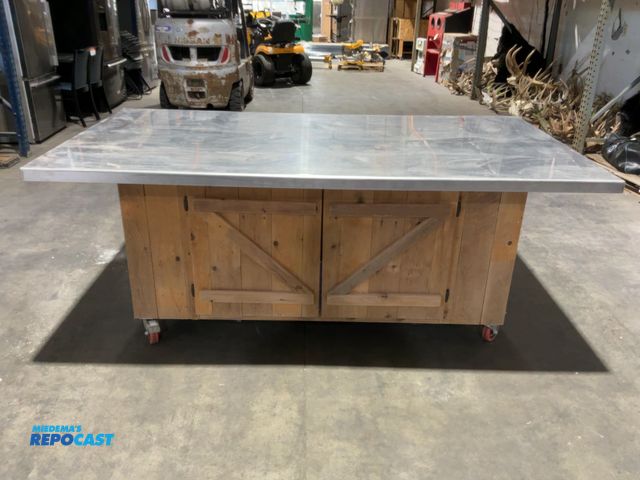 Lot 2-53637 - Wooden Storage Cart with Metal Countertop, contains assorted cleaners and oils(DOBSON)