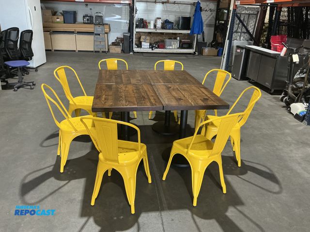 Lot 2-49919 - 12 Piece Dining Set Including: 4 Like-New Metal Frame Wooden Top Tables- 30”x24”x30” &amp; 8 Like-Ne...