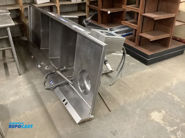 Lot 2-23884 - Stainless Steel 3 basin sink with hole for disposal. Overall length is 112” by 34” deep, Each sink i...