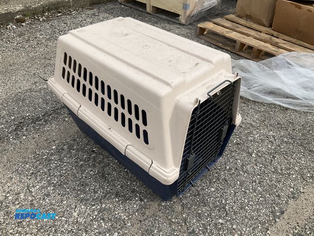 Lot 2-34592 - Lot of (1) blue and tan dog kennel, removable door, approximately 30” x 24” x 28", sturdy plastic co...
