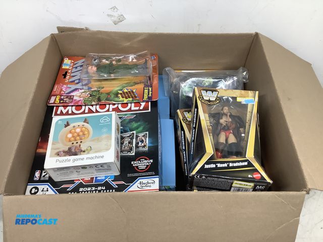 Lot 2-19692 - Box of Assorted Action Figures, Monopoly Panini Prizm Board Game, Beach Pail and Shovel Sets, Kids B...