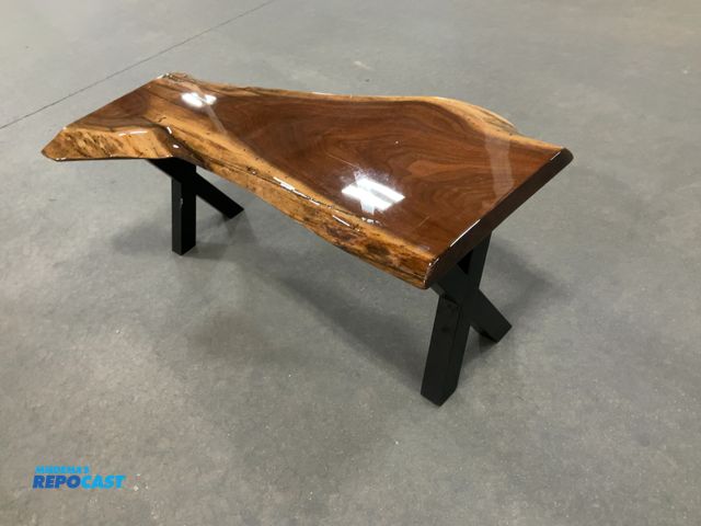 Lot 2-64247 - Wooden log bench (polished) with black legs measurements of approximately 7 1/2” x 6”