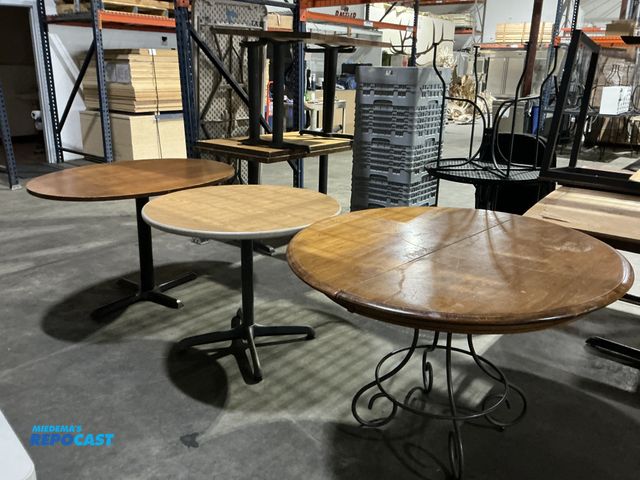 Lot 2-55171 - Lot of (3) assorted wood tables (1) 44” diameter(1) 36 inch diameter with rubberized edging (1) oval...