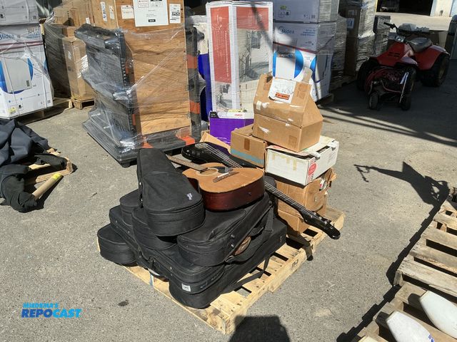 Lot 2-75473 - Skid lot of guitars, violins, and vintage cans