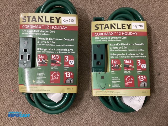 Lot 2-92885 - Two new Stanley Cordmax 12 foot Grounded Extension cord with 3 outlets. 16/3 wire.
