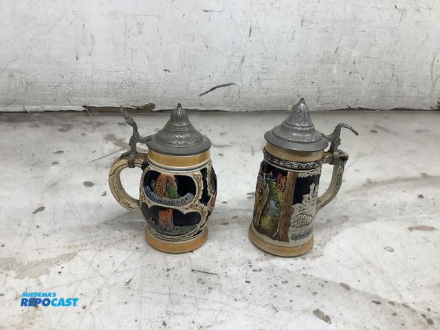 Lot 2-18402 - Lot of (2) vintage German souvenir ceramic beer stein with conical Pewter lid