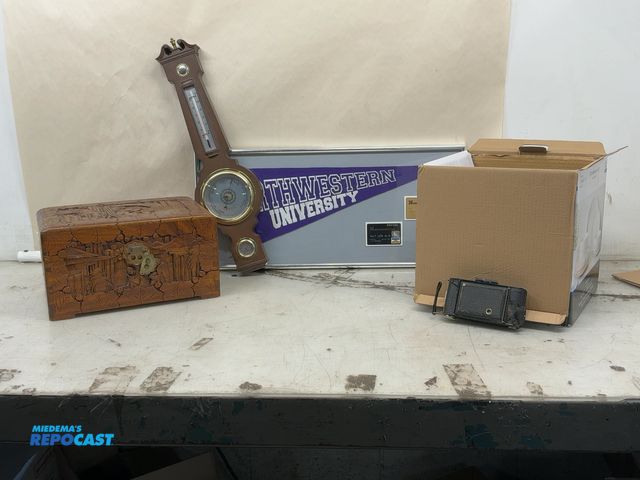 Lot 2-13736 - Lot of miscellaneous items including Northwestern University collage, wooden engraved chest, weather...
