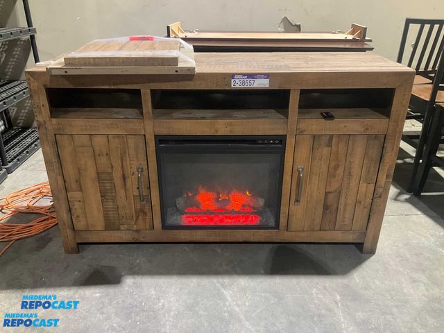 Lot 2-77934 - Wooden TV stand with build in electric fireplace and remote, 3’x62”x20”, fireplace is 19-3/4”x20-1/4...