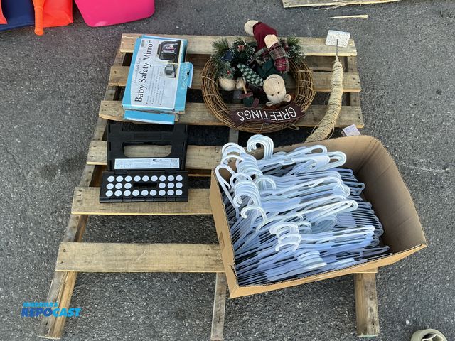 Lot 2-55601 - Lot of assorted household items including a box of hangers, small step stool, decor and a car baby m...