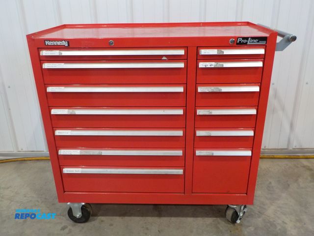 Lot 2-34067 - Kennedy Pro-Line rolling tool box. Thirteen drawer. Push handle. Locking castors. Filled with assort...